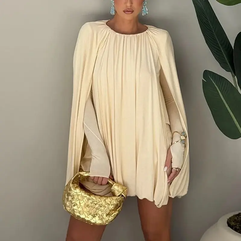 Damen Cape-Minikleid mit Faltenwurf und seitlichen Ärmelschlitzen Drune