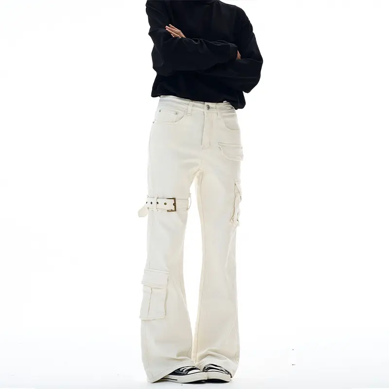 Damen Cargo-Flared-Jeans mit hoher Bundlinie, Utility-Taschen und Beinschnalle Drune