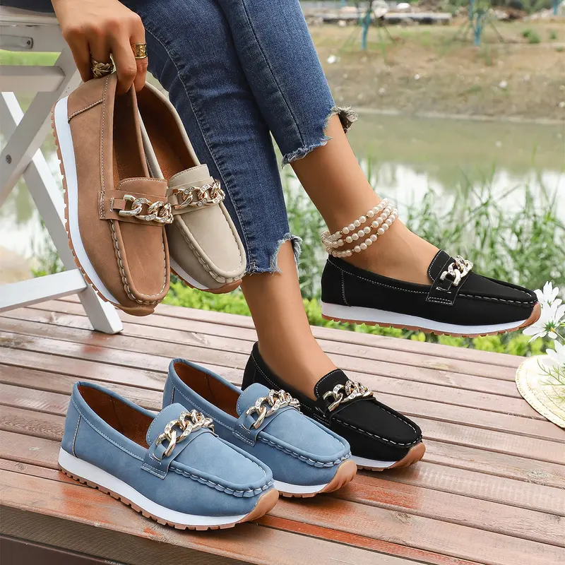 Damen Casual-Plateau-Loafer im Mokassin-Stil mit glitzernder Kettendekor und profilierter Gummisohle Drune