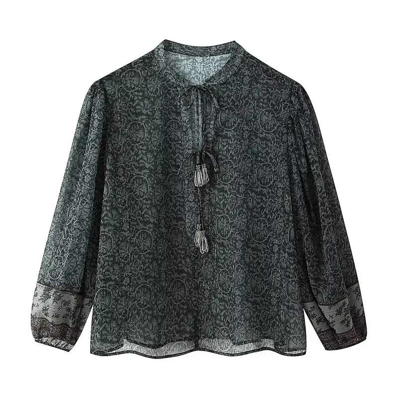Damen Chiffon-Bluse mit Paisley‑Print, Quastenbändern und Ballonärmeln Drune