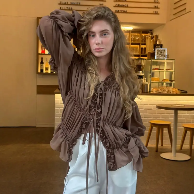 Damen Chiffon-Bluse mit Rüschen, Kordelzug und geraffter Taillenoptik Drune