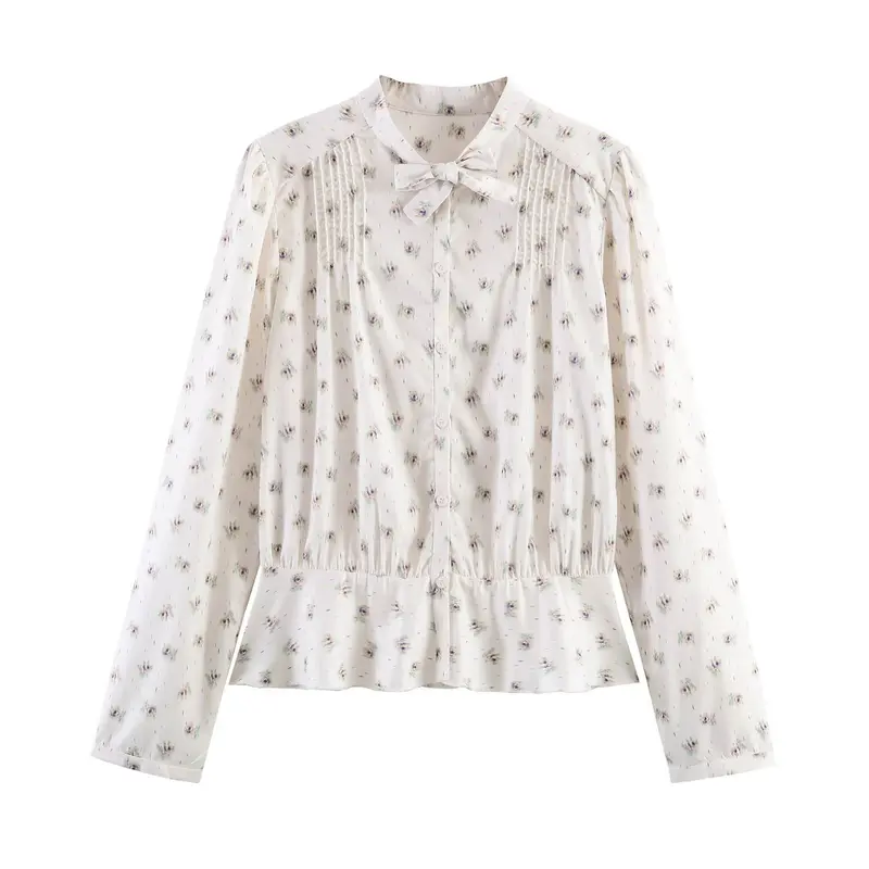 Damen Chiffon-Bluse mit Schleifenkragen, Brustpintucks und Schößchen Drune