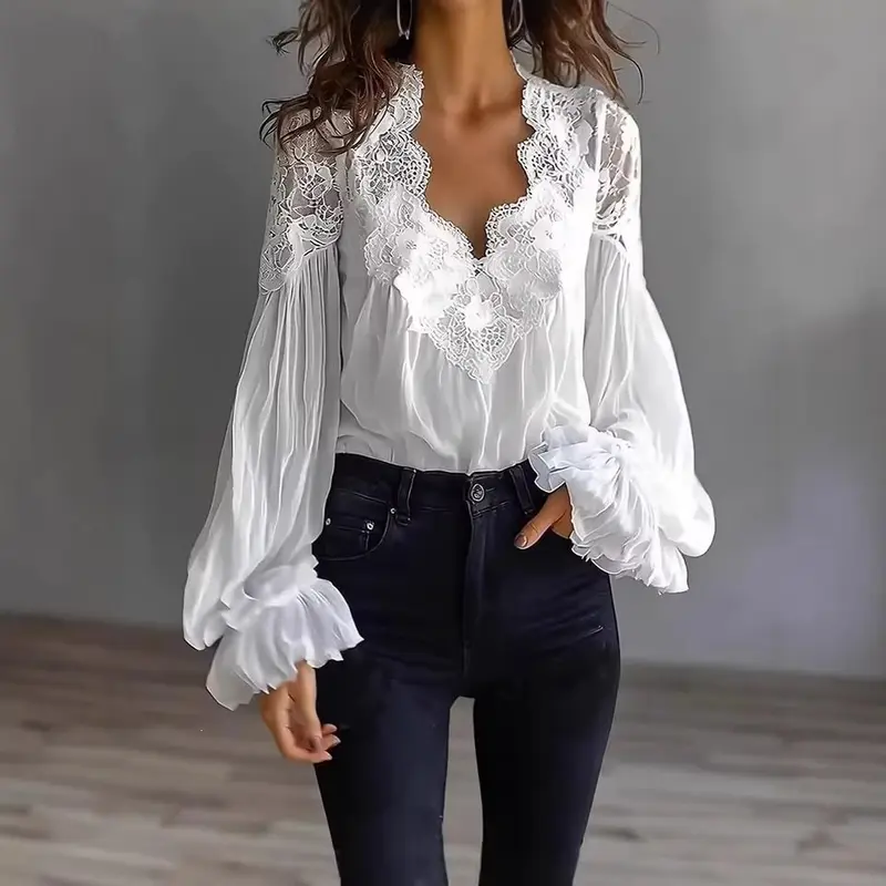Damen Chiffon-Bluse mit Spitzen-V-Ausschnitt und weiten Plissee-Ärmeln Drune