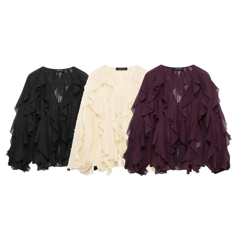 Damen Chiffon-Bluse mit vielfachen Volant-Rüschen und Knopfleiste Drune
