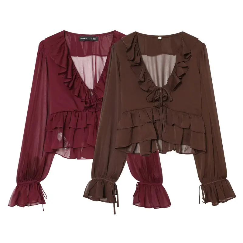 Damen Chiffon-Croppedbluse mit Rüschenvolant, Bindeband und Ballonärmeln Drune