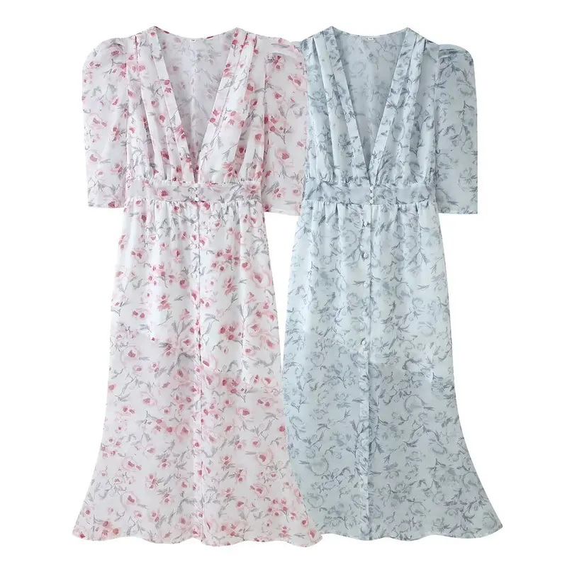 Damen Chiffon-Midikleid mit floraler Allover‑Optik, V‑Ausschnitt und geraffter Taille Drune