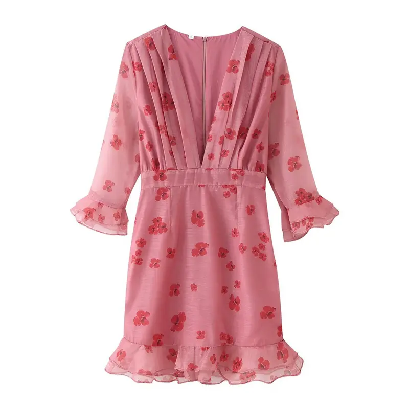 Damen Chiffon-Minikleid mit plissiertem Dekolleté, transparenten Volantärmeln und ausgestelltem Saum Drune