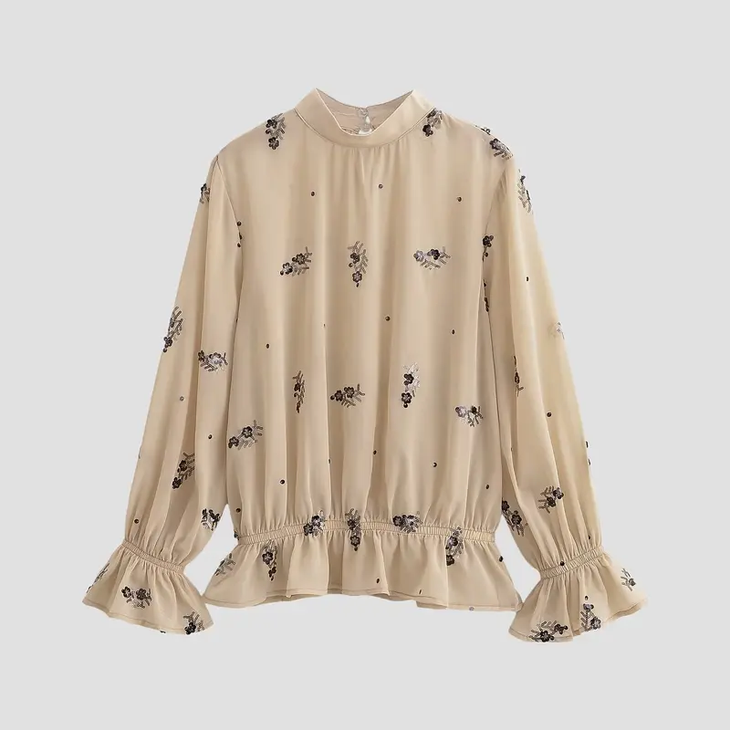 Damen Chiffonbluse mit floraler Pailletten-Stickerei, Stehkragen und geraffter Taillenpasse Drune