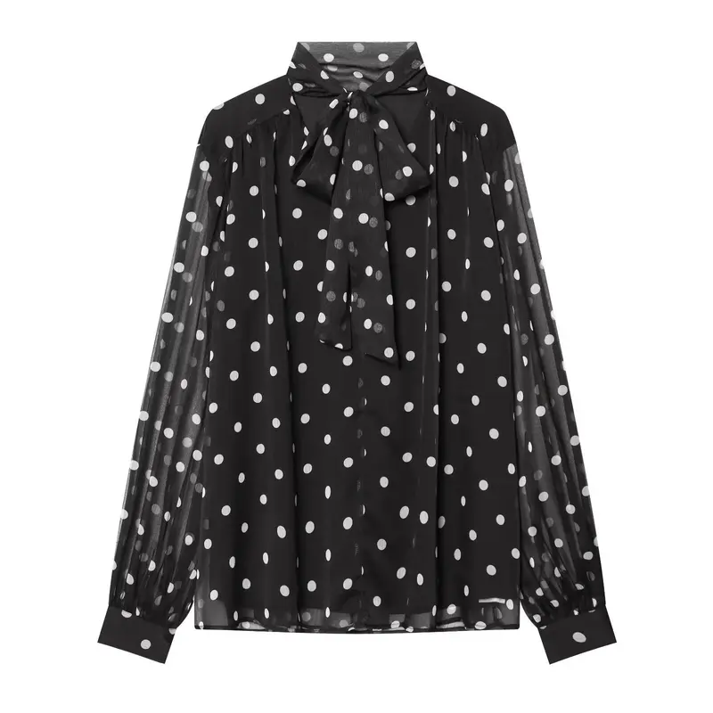 Damen Chiffonbluse mit Polka-Dot, Schleifenbindekragen und transparenten Ballonärmeln Drune