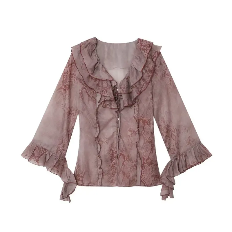 Damen Chiffonbluse mit Rüschenkragen, Volantärmeln und dekorativer Schnürung Drune