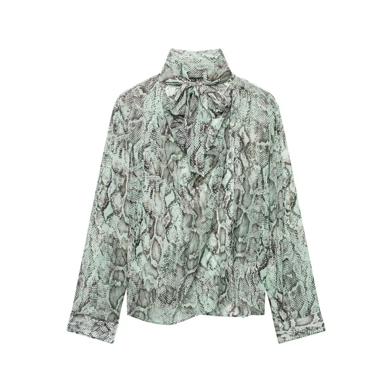 Damen Chiffonbluse mit Schleifenkragen und Schlangenprint Drune