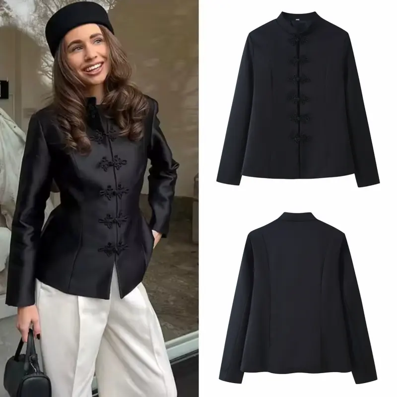 Damen Chinesisch inspiriertes Jackett mit Stehkragen und Zierknotenverschlüssen Drune