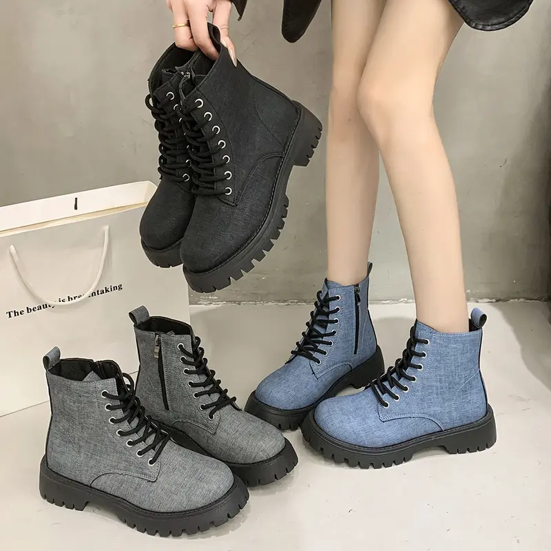 Damen Chunky Combat-Ankleboots aus Denimoptik mit robust profilierter Sohle und seitlichem Reißverschluss Drune