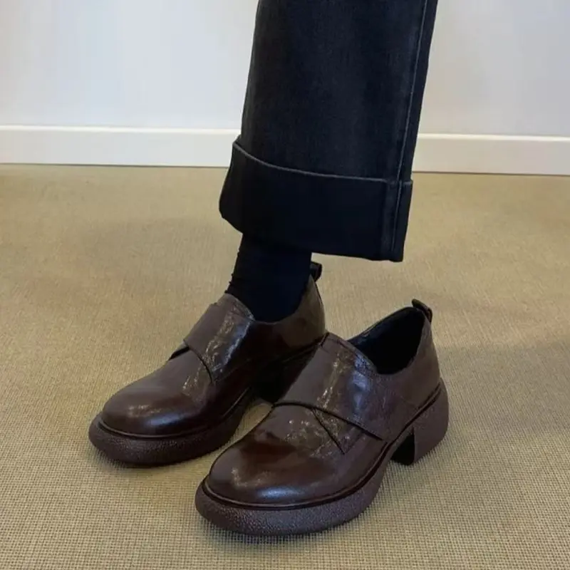 Damen Chunky Loafer mit Plateau-Blockabsatz und verstellbarem Klettriemen Drune