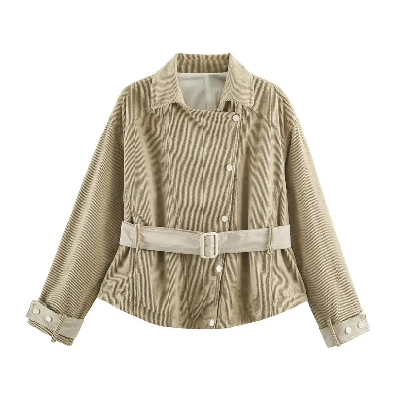 Damen Cordjacke aus Kord mit Taillengürtel und Druckknopfverschlüssen Drune