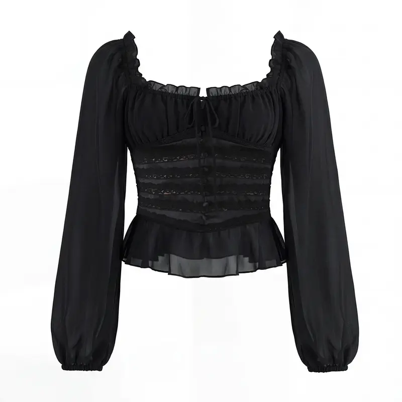 Damen Corsagenbluse mit Spitzen‑Corsage, gerafftem Dekolleté und Volantsaum Drune