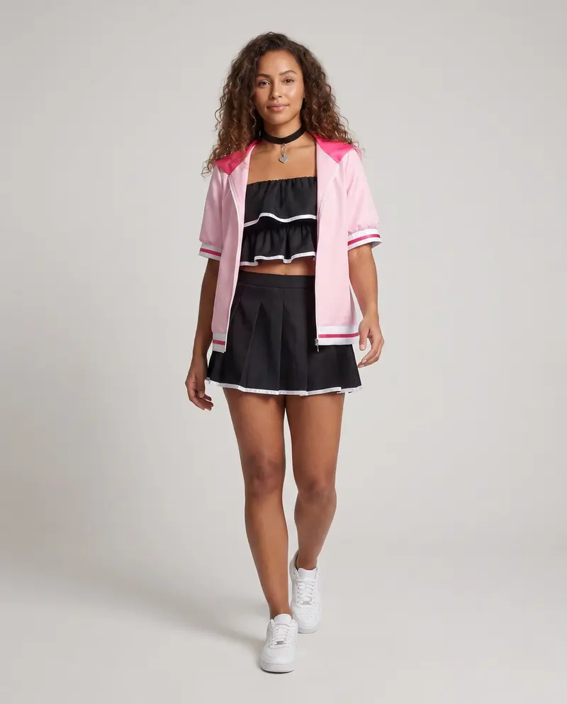 Damen Cosplay-Set mit gestuftem Oberteil, Rock und praktischer Jacke Drune