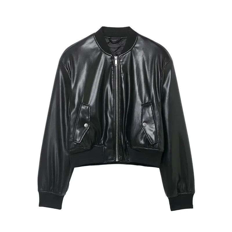 Damen Cropped Biker‑Bomberjacke aus Kunstleder mit Rippbündchen und aufgesetzten Pattentaschen Drune