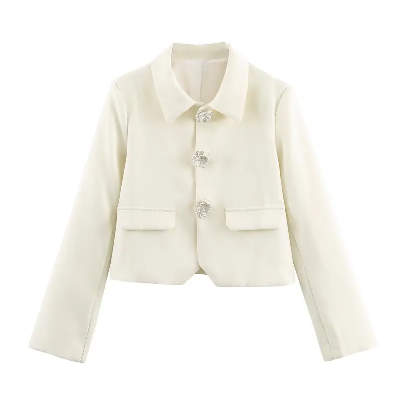 Damen Cropped-Blazer mit floralen Zierknöpfen und Pattentaschen Drune