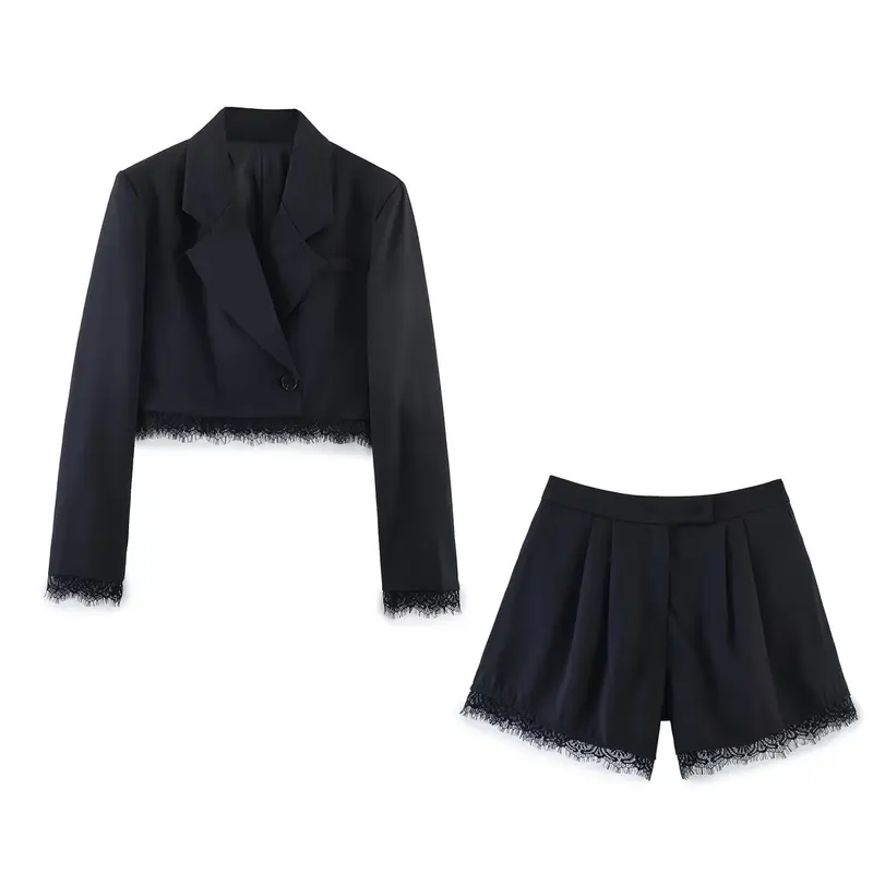 Damen Cropped-Blazer mit Spitzenbordüre, taillierter Ein-Knopf-Silhouette Drune