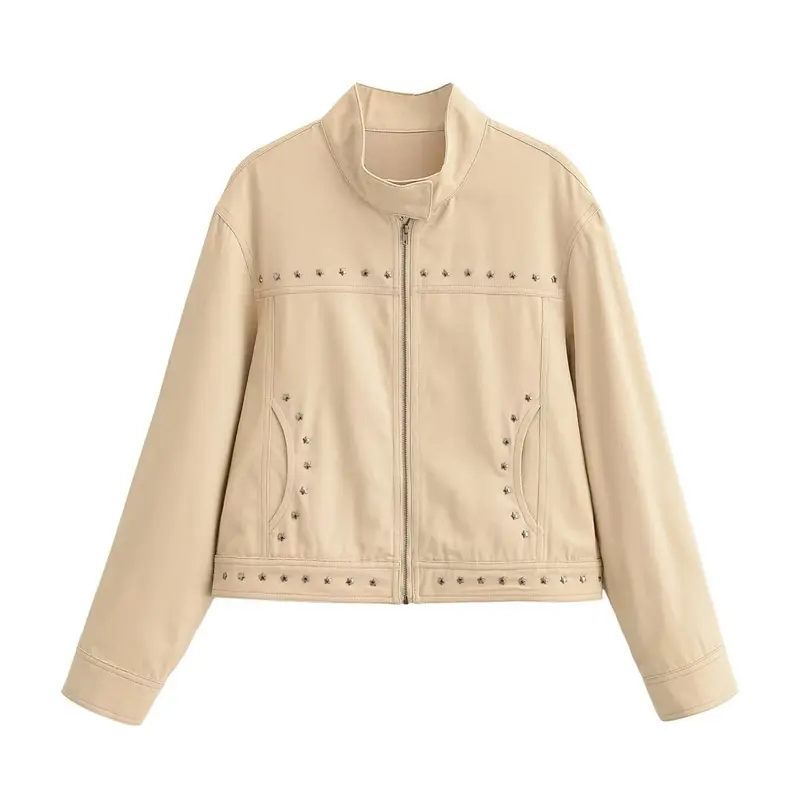 Damen Cropped Blouson in veganer Lederoptik mit Stehkragen und Nietenbesatz Drune