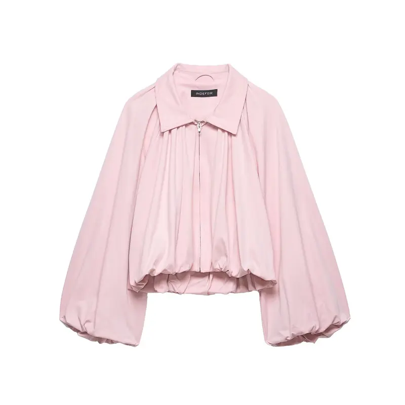 Damen Cropped-Blouson mit Ballonärmeln, Hemdkragen und elastischem Saum Drune