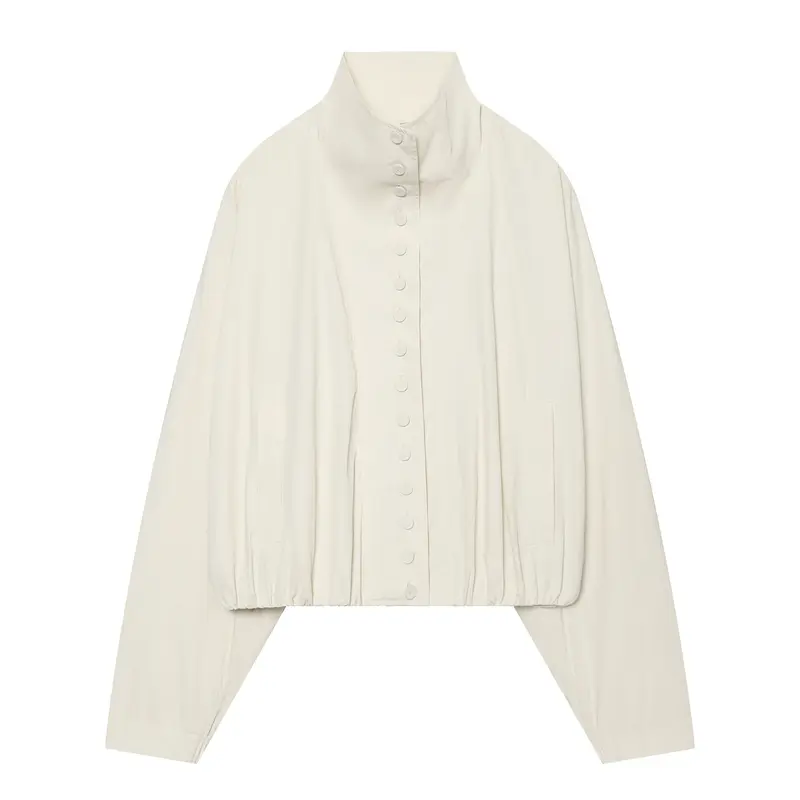 Damen Cropped Blousonjacke mit hohem Stehkragen, durchgehender Knopfleiste und elastischem Saum Drune