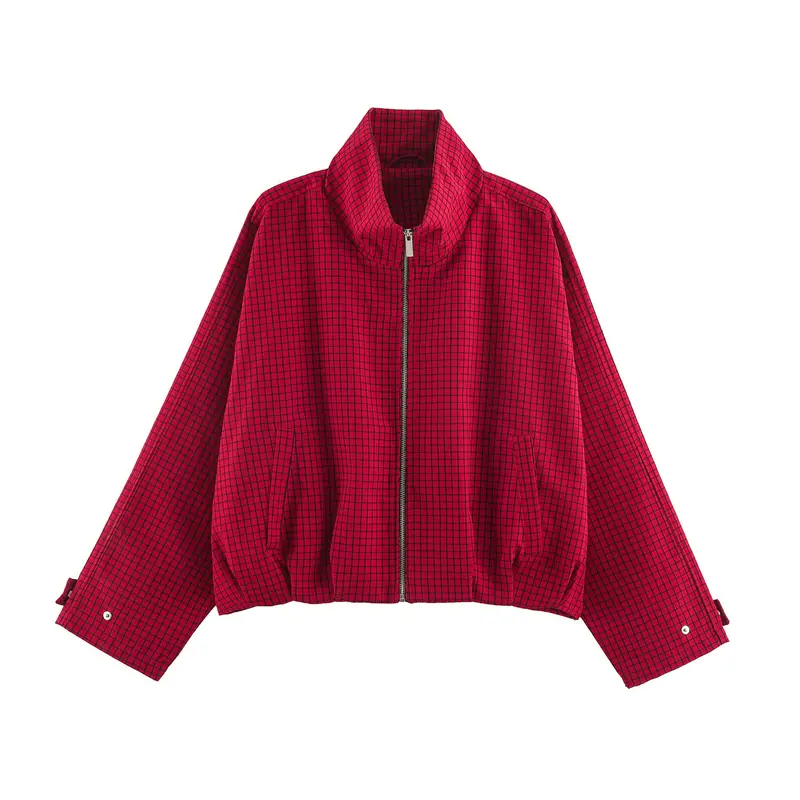 Damen Cropped Blousonjacke mit hohem Stehkragen, karierter Webstruktur und elastischem Abschluss Drune