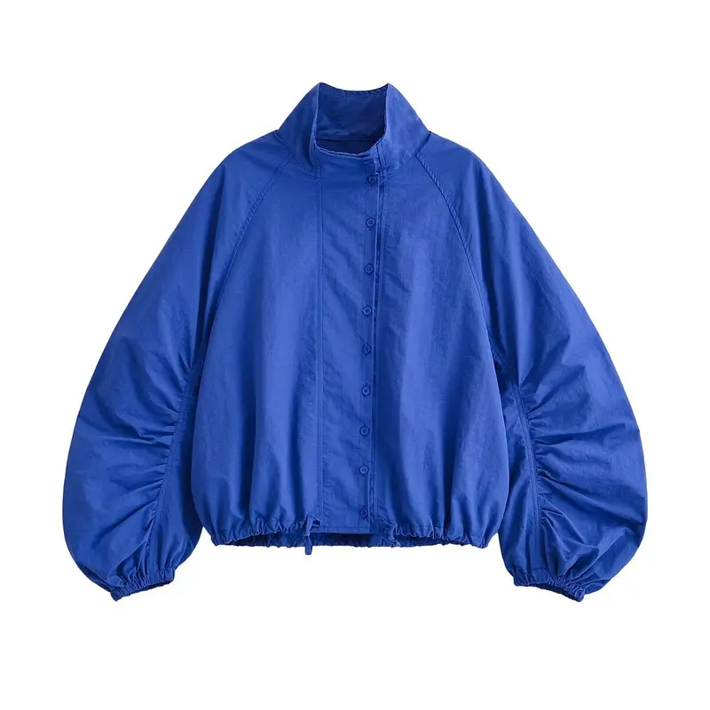 Damen Cropped Blousonjacke mit Stehkragen, voluminösen Ballonärmeln und Tunnelzugsaum Drune