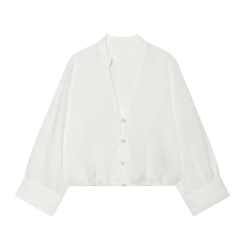 Damen Cropped-Bluse im Tai-Chi-Stil mit Stehkragen, Knotenverschlüssen und Ballonärmeln Drune