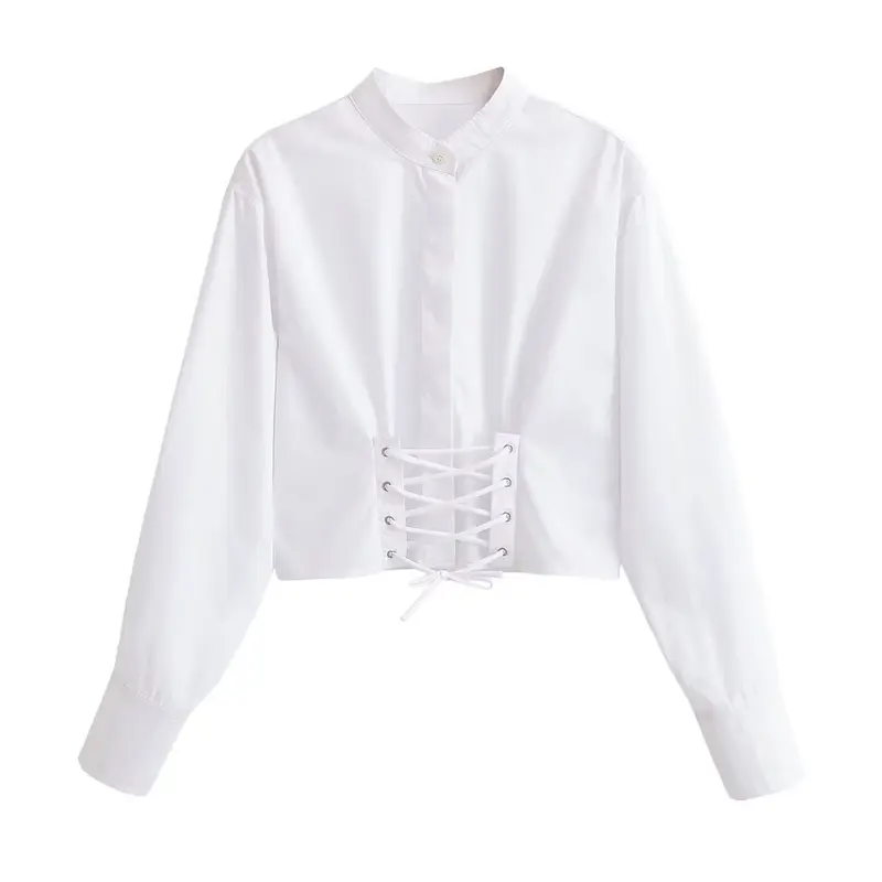 Damen Cropped Bluse mit Schnürkorsett‑Taillierung und Stehkragen Drune