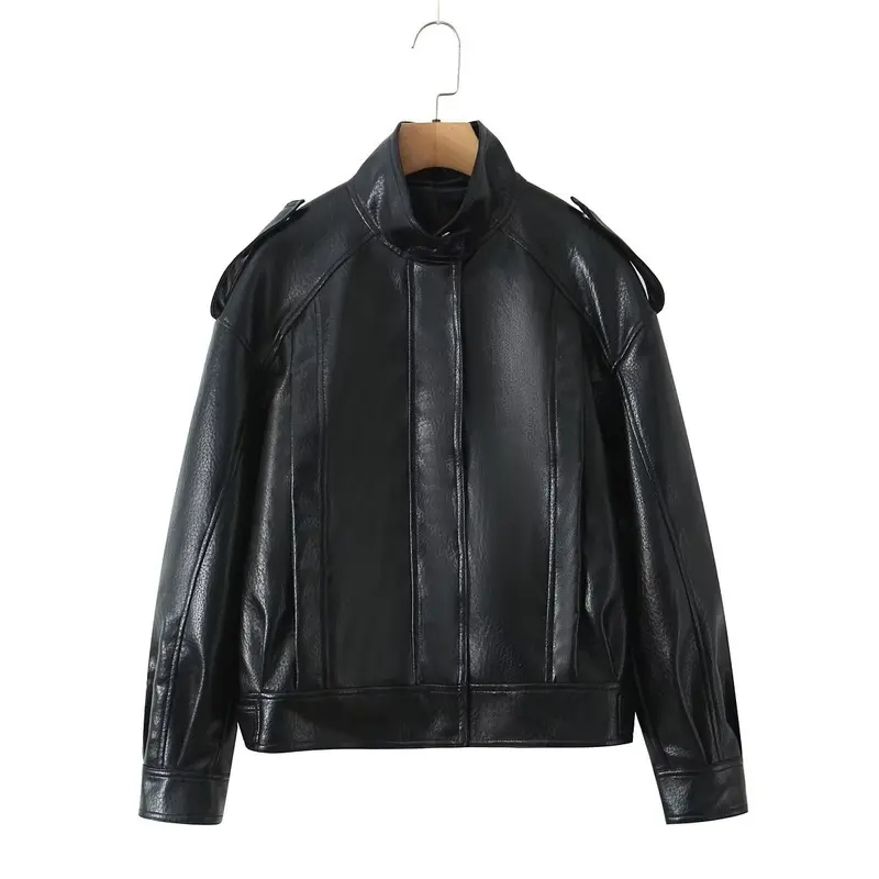 Damen Cropped Bomberjacke aus Kunstleder mit hohem Stehkragen und Schulterklappen Drune
