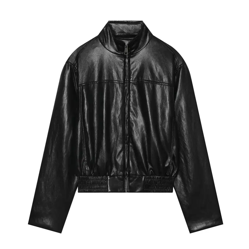 Damen Cropped-Bomberjacke in veganer Lederoptik mit Funnelkragen Drune