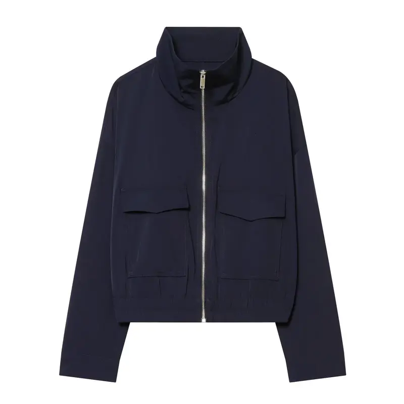Damen Cropped Bomberjacke mit Stehkragen, durchgehendem Reißverschluss und aufgesetzten Pattentaschen Drune