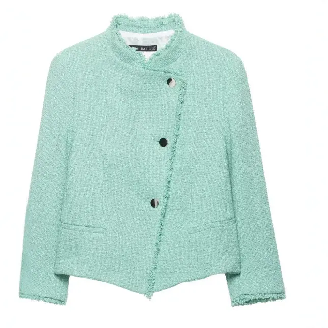 Damen Cropped Bouclé‑Jacke mit asymmetrischer Knopfleiste und Fransensaum Drune