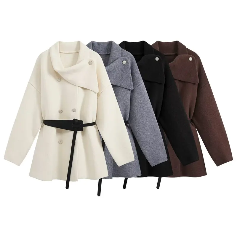 Damen Cropped Bouclé-Mantel mit asymmetrischem Schalkragen und dekorativem Gürtel Drune