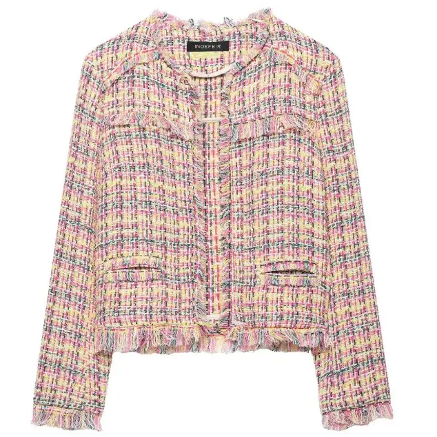 Damen Cropped Bouclé‑Tweed‑Blazer im Chanelstil mit Fransenabschlüssen Drune