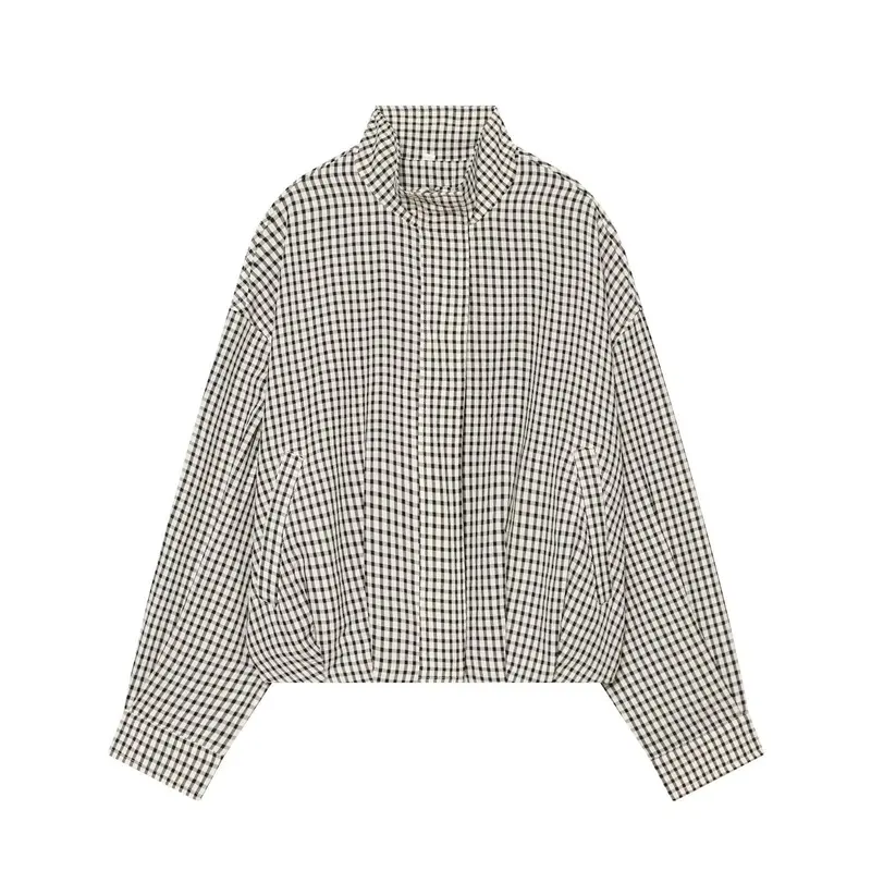 Damen Cropped Boxy-Jacke im Vichy-Karo mit Funnelkragen und verdeckter Knopfleiste Drune