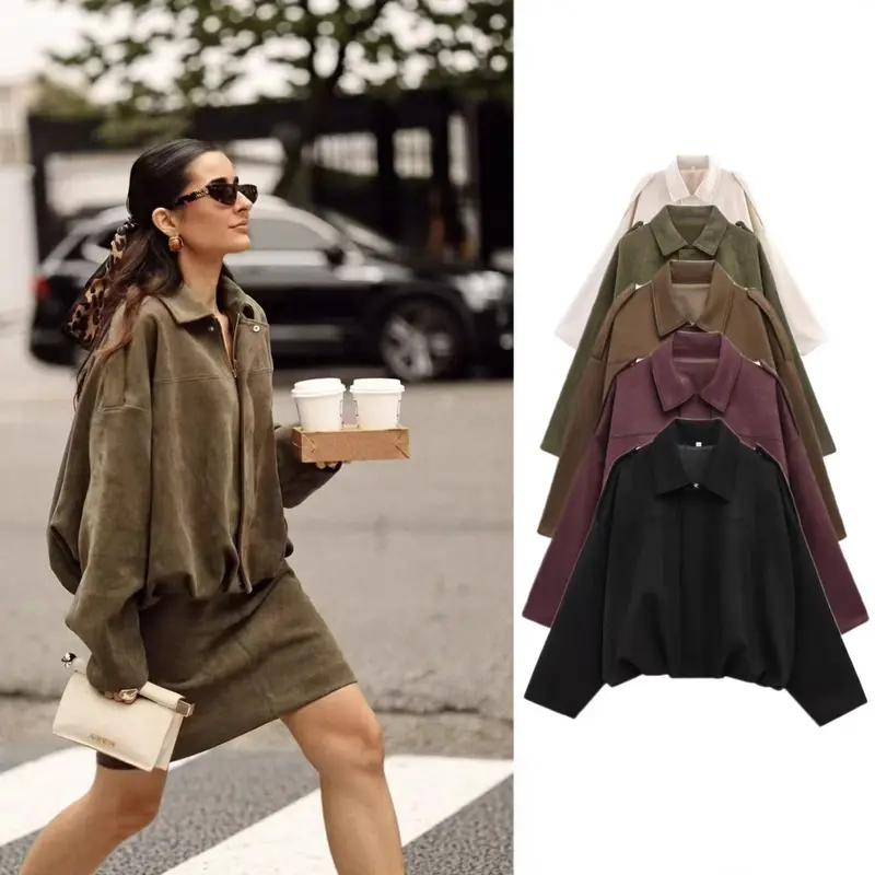 Damen Cropped Boxy‑Übergangsjacke im Wildlederlook mit Epauletten Drune