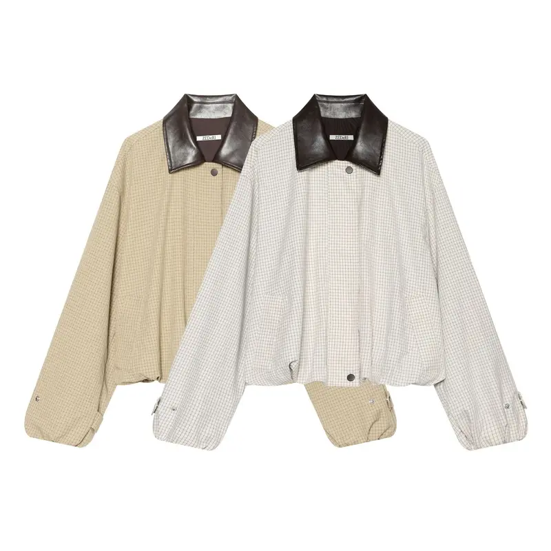 Damen Cropped-Boxy-Übergangsjacke mit Karomuster und kontrastierendem Kunstlederkragen Drune