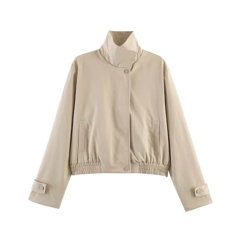 Damen Cropped-Boxy-Übergangsjacke mit Stehkragen, Druckknopfverschluss und elastischem Bund Drune