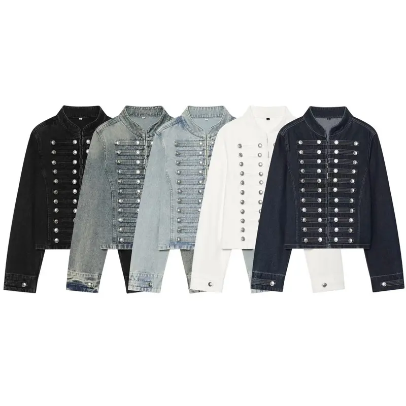 Damen Cropped Denim‑Blouson im Frackstil mit dekorativen Reihenknöpfen Drune