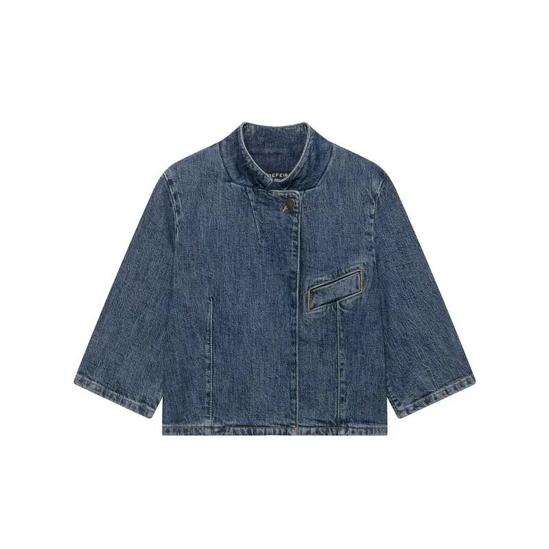 Damen Cropped Denim Cape‑Jacke mit Stehkragen, kastiger Silhouette und 3/4‑Ärmeln Drune