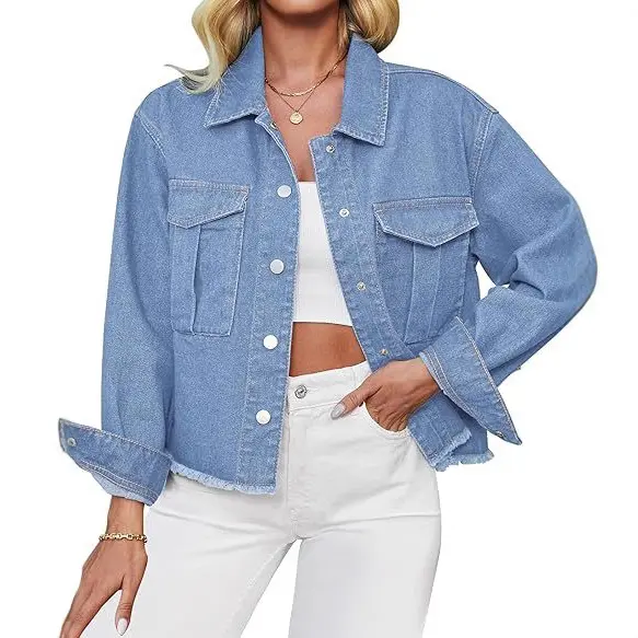 Damen Cropped Denimjacke mit Fransenabschluss und aufgesetzten Brusttaschen Drune