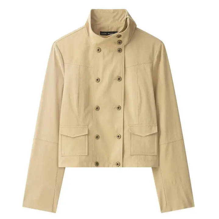 Damen Cropped Doppelreihige Kurzjacke im Blousonstil mit Stehkragen und Pattentaschen Drune