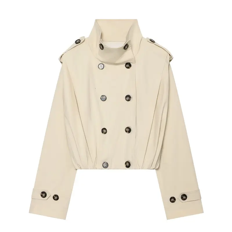 Damen Cropped Doppelreihiger Trench‑Blouson mit hohem Stehkragen, Schulterklappen und elastischem Saum Drune