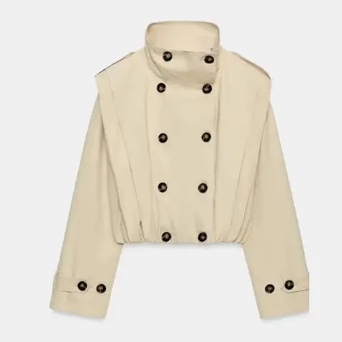 Damen Cropped Doppelreihiger Trench‑Blouson mit Stehkragen, Schulterpatten und elastischem Saum Drune