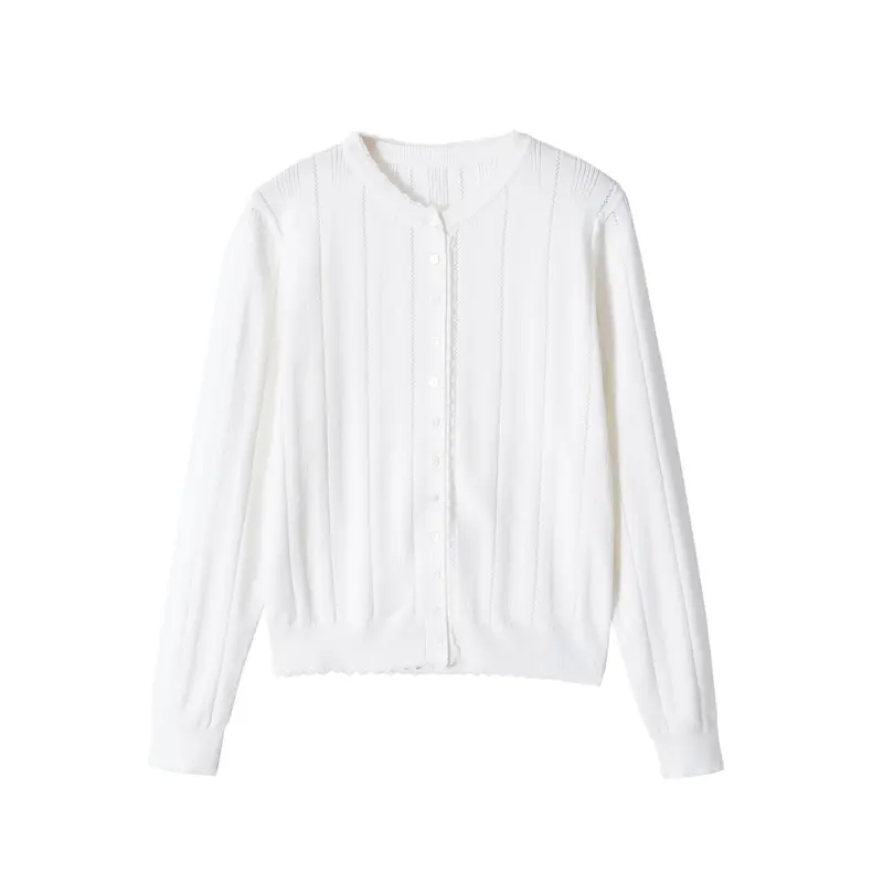 Damen Cropped Feinstrick-Cardigan mit Lochstreifen, Rundhals und Zierknopfleiste Drune