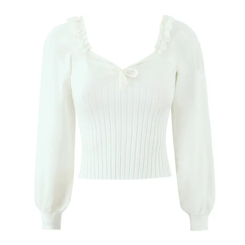 Damen Cropped-Feinstrickpullover mit taillierter Rippenstruktur, V-Ausschnitt, Rüschenbesatz und Ballonärmeln Drune