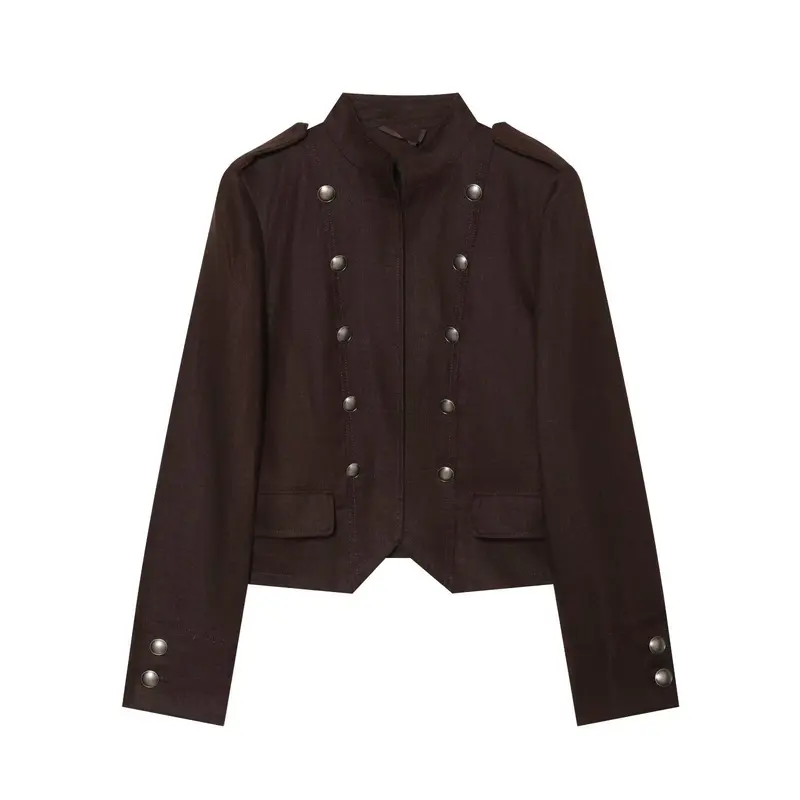 Damen Cropped Feldjacke im Militärstil mit Stehkragen, Epauletten und doppelter Zierknopfleiste Drune